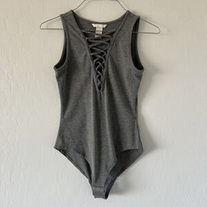 H&M Woman’s Gray Marl Lace Up Bodysuit, Size XS